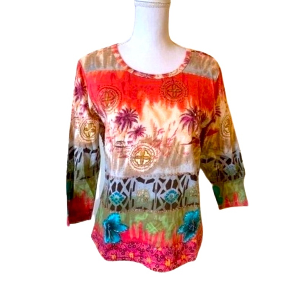 NWT Zashi Embellished 3/4 Sleeve sequin beaded knit top.  100% cotton. Medium